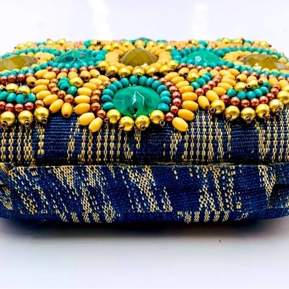 Auth Rafe Minaudière Beaded Boho Canvas Box Clutch Gold-Tone Chainlink Strap